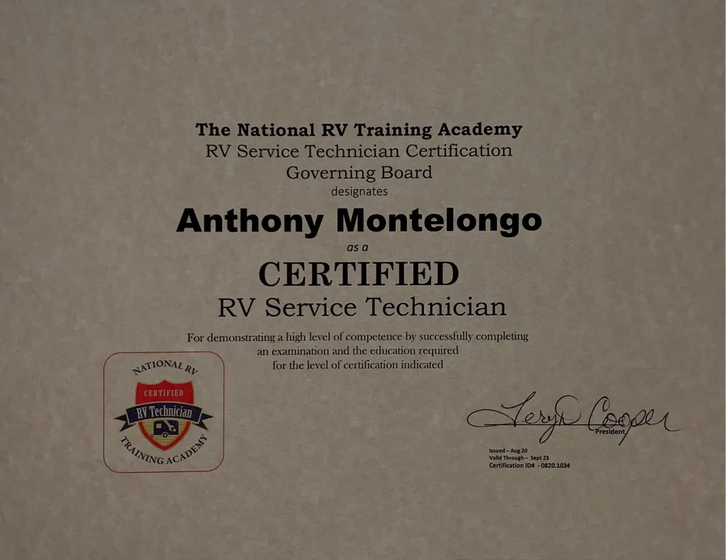 NRVTA Certified RV Technician